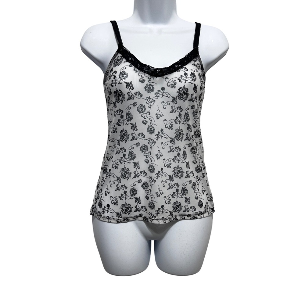 Y2K Whimsigoth Women Mesh Fitted Cami XS Floral Lace Trim Coquette Fairygrunge